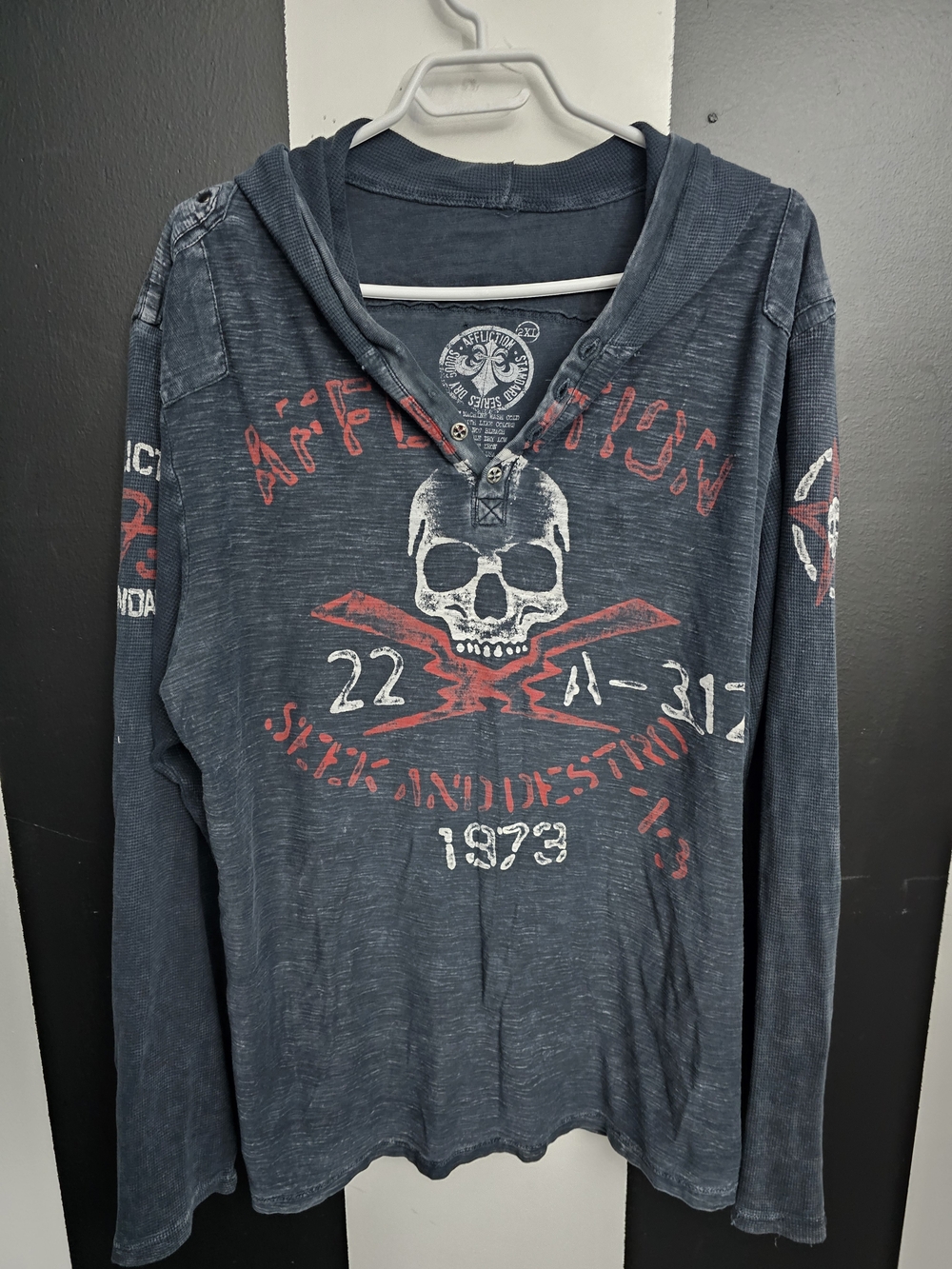 Affliction Long-Sleeve Hooded Graphic Skull Shirt with Red Accents